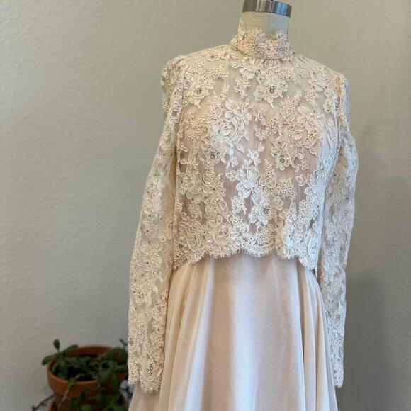 Vintage Women Small Dress Ivory Lace Chiffon Dress High Neck Long Sleeve Bridal - Picture 3 of 5